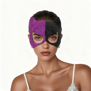 Máscara de gato y zorro con diamantes de imitación para fiesta de disfraces de Halloween, cubrecara de plástico brillante y adorable con orejas - Product Image 4