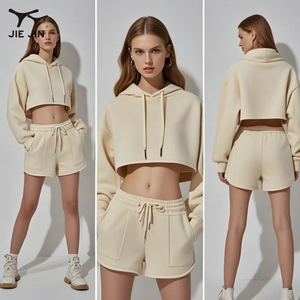 Jiejin OEM chất lượng cao Y2K phụ nữ trống BAGGY 2 mảnh <span class=keywords><strong>Crop</strong></span> Top mồ hôi quần short và hoodie <span class=keywords><strong>Set</strong></span> - Product Image 2