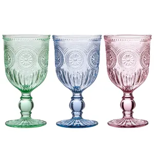 Goblet Glass Custom Vintage Mexico Wedding Sunflower Embossed Pink Colored Glass Cup Red Wine Goblets Glasses Set