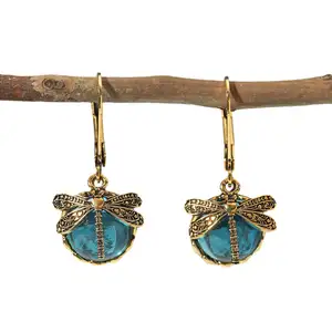 Creative Vintage Dragonfly Green Crystal Pendant Earrings Glamour Jewelry Party Bohemian Colorful Earrings