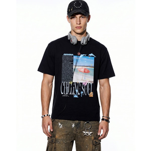 Camiseta de manga corta con estampado playero vintage para hombre, holgada, de algodón negro, estilo urbano, informal, para uso diario, estilo hip hop, para jóvenes - Product Image 1