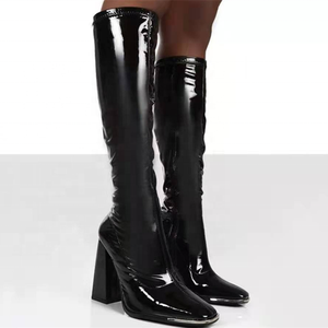 Botas de invierno de tacón grueso alto con punta cuadrada y cremallera lateral, de metal decorado, a la rodilla, de moda, talla grande 43 - Product Image 3