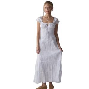 Vestido Midi Australiano Blanco de Estilo Francés con Cuello Cuadrado, Manga Abullonada, Línea A, Transpirable y con Cordón Ajustable, Ideal para Vacaciones, ODM - Product Image 1