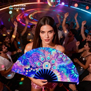 مروحة يد كبيرة من الخيزران مخصصة مضيئة بالأشعة فوق البنفسجية، مروحة يدوية قابلة للطي بطول 33 سم للرقص والحفلات - Product Image 1