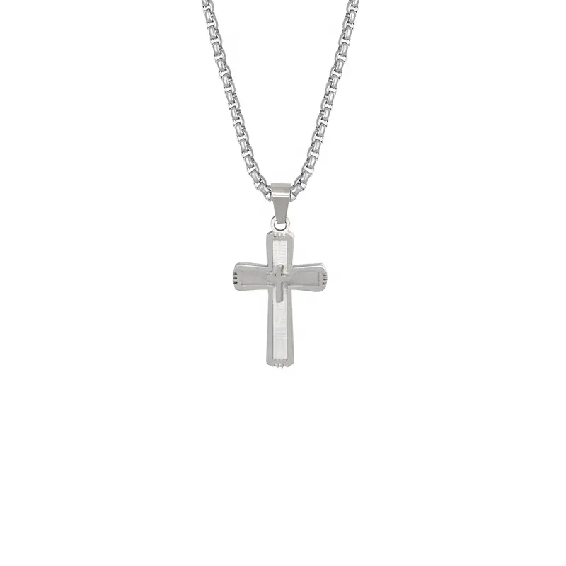 Collana con pendenti a doppia croce di piccole dimensioni RB set di pendenti personalizzati da uomo con croce in acciaio e scatola in argento