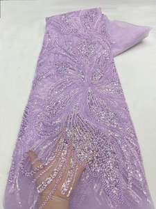 Tissu en dentelle de maille noire lourde à sequins et perles, motif floral lotus, pour Abaya, Kaftan, <span class=keywords><strong>Robe</strong></span> Dubaï Moyen-Orient, vendu au mètre, plusieurs couleurs, livraison rapide - Product Image 4
