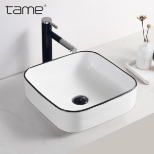 TAME <span class=keywords><strong>Meuble</strong></span> de salle de bain PZ6134-L3 carré de couleur blanche <span class=keywords><strong>avec</strong></span> ligne noire Lavabo de salle de bain Lavabo de comptoir Lavabo - Product Image 5