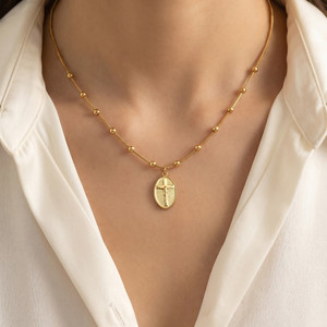 18K vacuüm vergulde roestvrijstalen kruis ovale hanger ketting met kralen slangenketting religieuze geloofssieraden voor vrouwen - Product Image 3