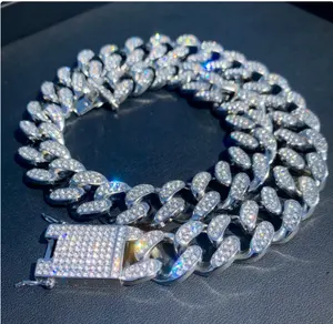 Iced Out Kalung Berlian 19Mm Rantai Tautan Kuba Miami Prong untuk Pria Perhiasan Hip Hop Berlapis Emas Es untuk Rapper