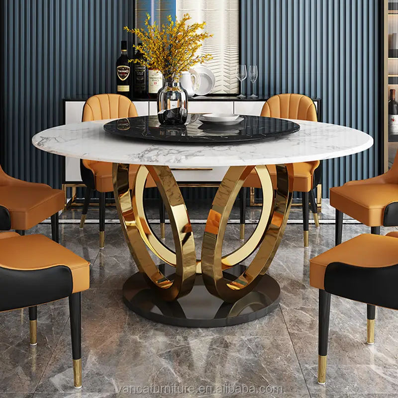 Mesa de jantar contemporânea luxuosa, design elegante, redonda em mármore extra grande, mesa de jantar em madeira com 6 cadeiras