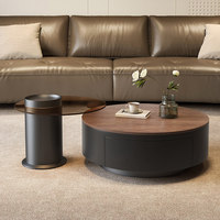 Table basse ronde gigogne en noyer avec tiroir de rangement, table d'appoint en verre, style moderne et minimaliste, pour salon, décoration intérieure, article d'ameublement