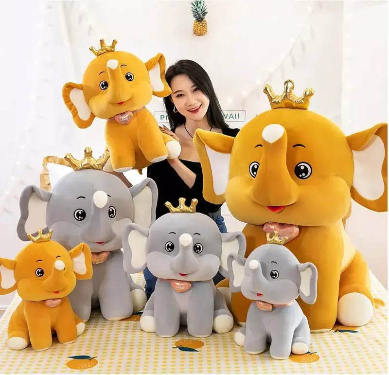 Wholesale Custom Plush toy elephant hot selling big elephant stuffed grey yellow elephant with crown