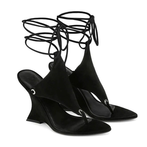 Sandalias de tacón de cuña personalizadas de moda para mujer, con punta en pico, con correa de encaje, sandalias de tacón alto de gamuza - Product Image 3