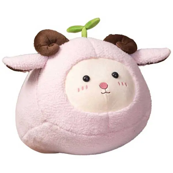 2864 9.4 Inch Brown/Pink Soft Fluffy Head Grow Grass Plush Lamb Stuffed Animal Toy With Horns Cute Cartoon Plush Sheep Pillow