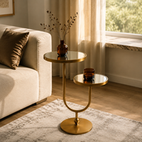 Table console moderne de luxe à 2 niveaux avec plateau miroir rond et cadre métallique incurvé pour salon, chambre, entrée, hôtel