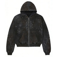 Sudadera con capucha personalizada con cremallera, pedrería, brillo, bordado efecto desgastado por el sol, vintage, desgastada, lavado ácido, diamantes y pedrería de imitación