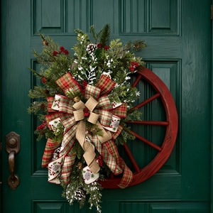 AYOYO Décoration de Noël d'extérieur moderne et écologique faite à la main, couronne de <span class=keywords><strong>porte</strong></span> en bois avec roue de roulette et pommes de pin artificielles - Product Image 3