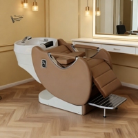 Chaise de shampooing professionnelle pour salon de coiffure et spa avec lavabo en céramique électrique, dossier et repose-pieds réglables, design moderne