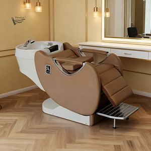 Chaise de shampooing professionnelle pour salon de coiffure et spa avec lavabo en céramique électrique, dossier et repose-pieds réglables, design moderne - Product Image 1