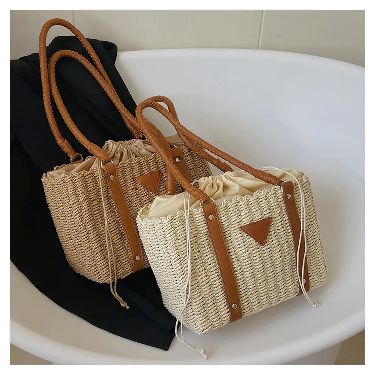 Bolso de paja de verano para mujer, bolso tejido de ratán, cesta, cubo cruzado, bolsos de hombro para playa con bufandas