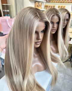 All'ingrosso Long Blonde Highlight 100% dritto crudo russo con cuticole allineate capelli umani in seta parrucche frontali in pizzo vero cuoio capelluto naturale - Product Image 2