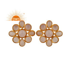 Pendientes de Calcedonia Multicolor con Diseño de Flor en Latón Chapado en Oro Amarillo, Fabricante de Joyería - Product Image 1