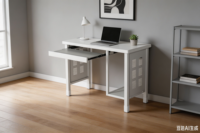 Bureau d'ordinateur pliable moderne blanc pour salon avec tiroir, en métal durable, rangement pour l'apprentissage, design minimaliste, assemblé