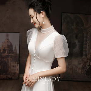 Minlady Bride White Satin Sheath Wedding Dress High Neck Short Sleeve Vintage Style For Brides - Product Image 1