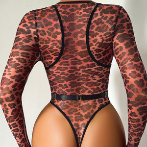 Body femme à manches longues, ajouré, motif léopard, design spécial, coupe haute, lingerie transparente - Product Image 6
