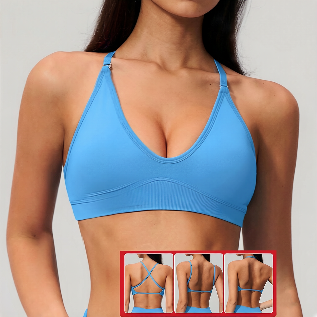 Roregal Ribbed Sports Bra Halter Neck Detachable Straps Criss Cross Back Seamless Gym Crop Top Yoga Bra