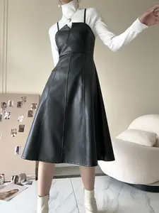 Ucuz Casual kadın elbise siyah Halter deri etek kulübü elbise kız askı etek