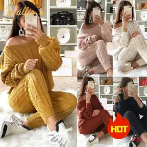 2022 Blank Fall Winter Vintage Ladies Two Pieces Set Knitted Long Sleeve Outwear Crewneck Pullover Top Women Knit Sweater Set