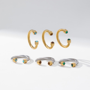 YF8501 Vintage Waterproof Non Tranish 18K PVD Gold Plated Stainless Steel Twist Natural Stone <strong>Tiger</strong> <strong>Eye</strong> Turquoise Open <strong>Rings</strong> - Product Image 3