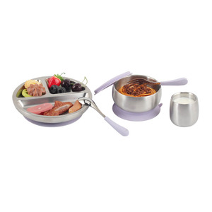 Ensemble d'alimentation pour bébé en acier inoxydable avec bol à ventouse, assiette, cuillère, fourchette et tasse pour tout-petits, design minimaliste, couleur unie, forme ronde - Product Image 4