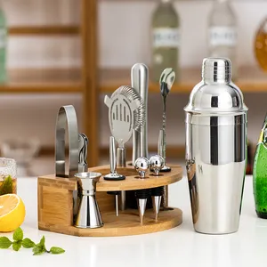 2024 350/550/700/750ML Cocktail Shaker Set Stainless Steel Kit With Cocktail Shaker Stylish Wooden Stand