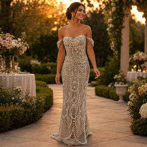 Abito <span class=keywords><strong>da</strong></span> <span class=keywords><strong>Sposa</strong></span> Moderno con Spalle Scoperte, Allacciatura Posteriore, Perle e Pizzo Fatto a Mano, Stile Sirena - Product Image 5