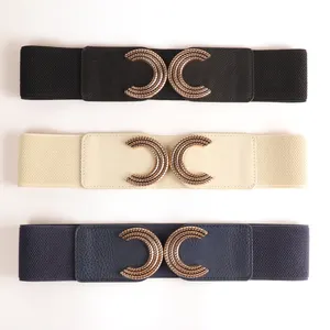 Hot Selling Double Round Buckle Pu Belt Leather Wide Elastic Belt Women's Belt