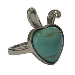 Zilveren Konijn Syn. Turquoise Stenen Ringen Voor Vrouwen Meisjes Kunstmatige Vinger Liefde Hart Natuurlijke Gem15 Mm Cabine Verloving Sieraden