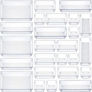 Hot Selling Multipurpose Clear Plastic Storage Bins Set Popular 25 Pcs Drawer Organizer Set Dresser Desk Drawer Dividers
