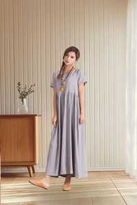 Vestido Maxi Kaftán de Algodón y Lino para Mujer, Corte Regular, Manga Corta, Cuello en V, Línea A, con Cinturón, Estilo Bata Fluida de Lino, Ropa de Verano B2B - Product Image 3