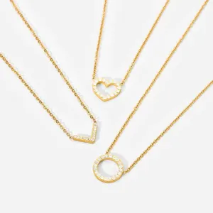 Hollow out geometric circle heart chevron pendant cubic zircon diamond jewelry 18kgold stainless steel collar necklace