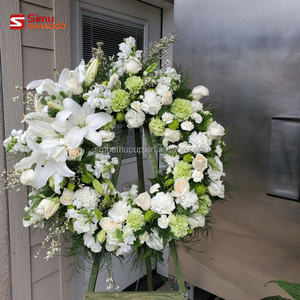 พวงหรีดดอกไฮเดรนเยีย กุหลาบผ้าไหม และดอกลิลลี่ สำหรับตกแต่งโลงศพในสุสาน เป็นมิตรกับสิ่งแวดล้อม เหมาะสำหรับตกแต่งหลุมศพ - Product Image 1