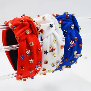 Red White Blue Design Girl Headband Creative Rhinestone Diamond Flag Knotted Headband For Independence Day