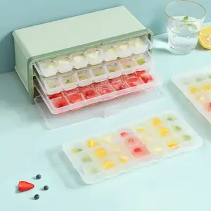 Bandeja de silicone flexível para cubos de gelo, fácil liberação, com tampa, caixa de 3 camadas para fazer moldes de gelo por atacado