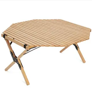 Mesa octagonal plegable portátil de madera de haya para acampada, nuevo estilo