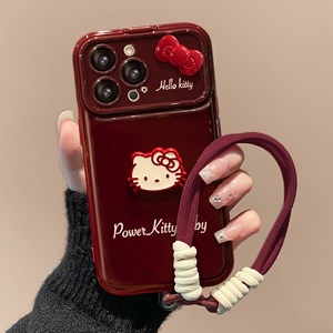 Funda de silicona suave antichoque color rojo vino con diseño de lazo de gato de dibujos animados y cordón para teléfono 16PRO con ventana grande - Product Image 4