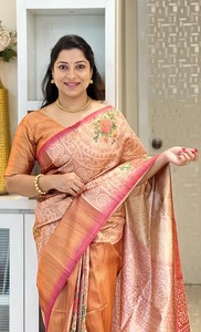 Elegant Tussar Silk <b>Saree</b> With Floral Print And Zari Border For Women Indian Traditional Wedding Wear - Product Image 4