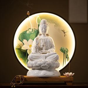 Estatua de Bodhisattva Guanyin de Cerámica Blanca Estilo Chino, Loto con Retroiluminación LED, Decoración Zen para Mesa de Hogar, Porta Incienso - Product Image 1