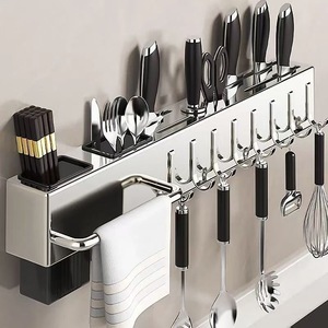Stainless Steel <b>Kitchen</b> Knife <b>Rack</b> Wall Mounted Multi Functional Chopstick Holder With Hooks And Towel Bar For Utensil Storage - Product Image 1
