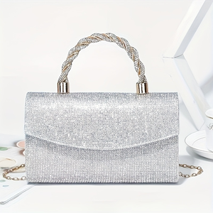 Fashionable Diamond-<b>Studded</b> Flower Pattern Polyester Party Handbag Cross-Body Chain <b>Bag</b> Detachable Shoulder Strap for Evening - Product Image 1